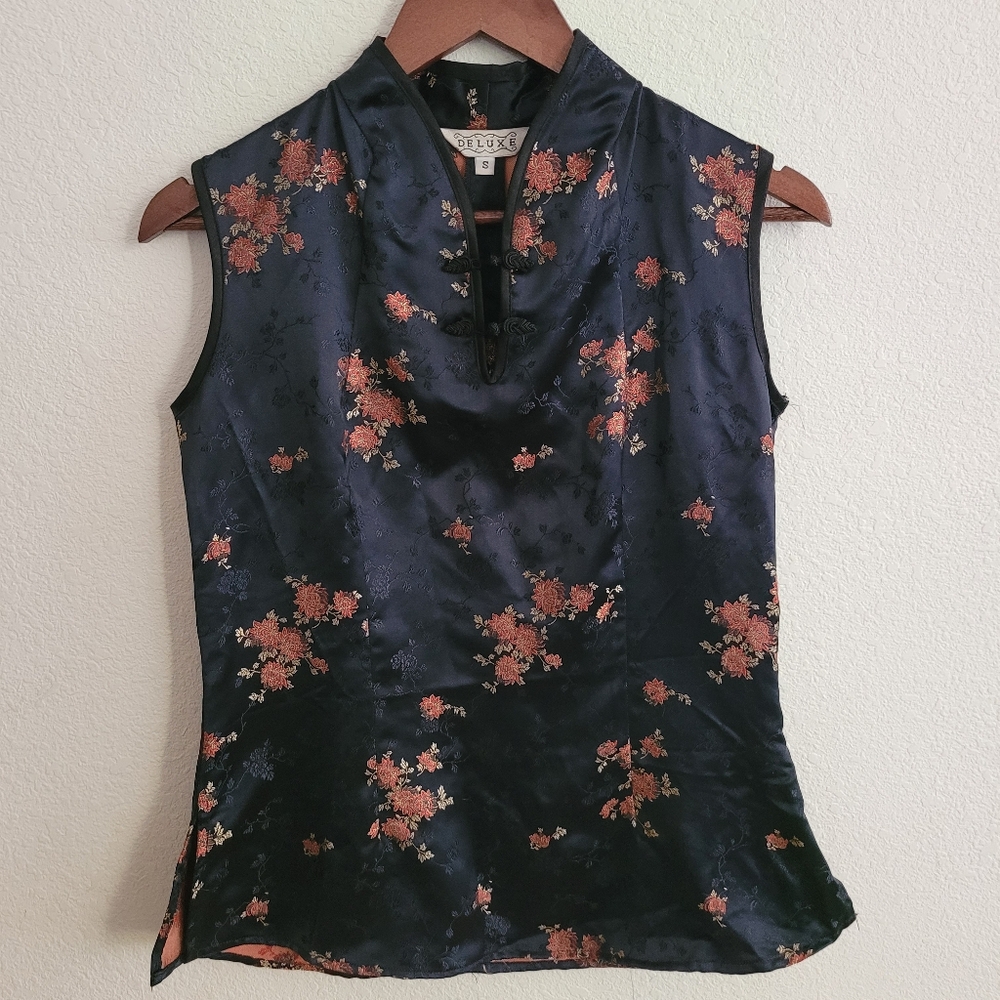Deluxe Vintage Black Silk Asian Floral Blouse/ Top size S